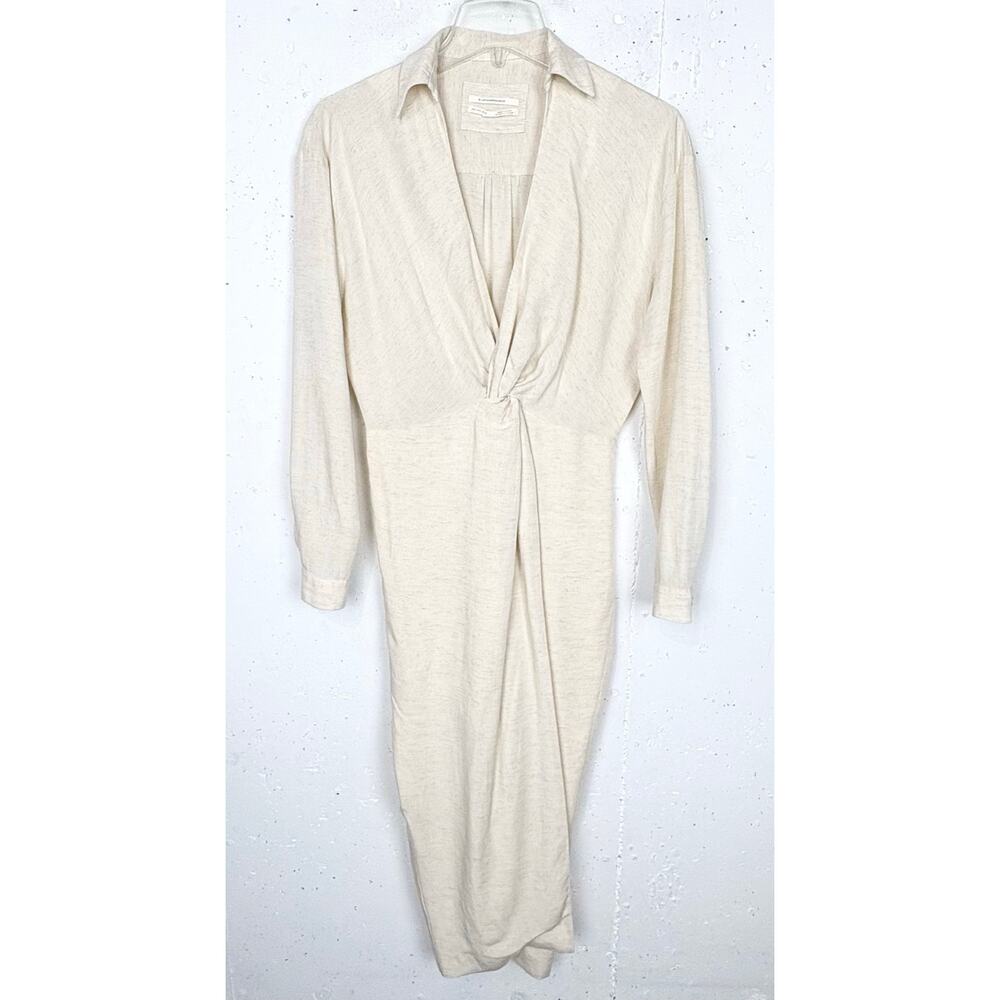 Anthropologie V-Neck Knot Front Midi Dress Linen Blend Button Cuffs Ivory Size 2